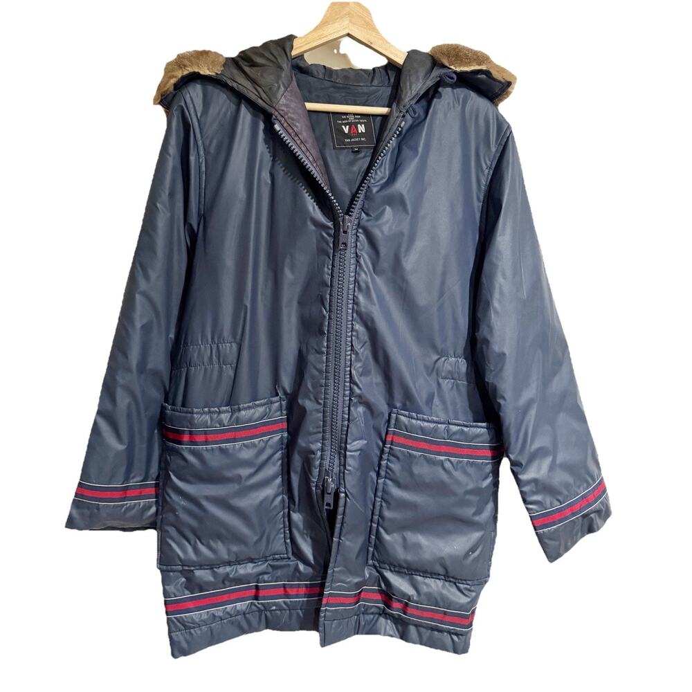 VAN JAC Japanese Brand Vintage‎ Airline Parka Jacket Navy Blue Fur Hood Medium